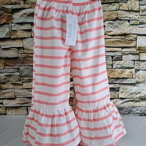 A.T.U.N. Girls' Pink Stripe Ruffle Bottom Casual Pants